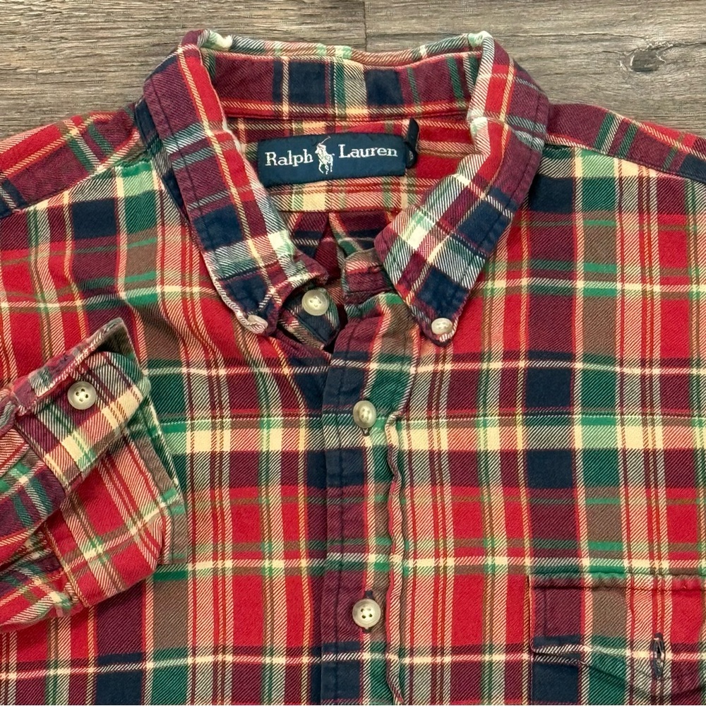 Ralph‎ Lauren Mens XL Red Plaid Flannel Button Down Shirt Cotton Long Sleeve